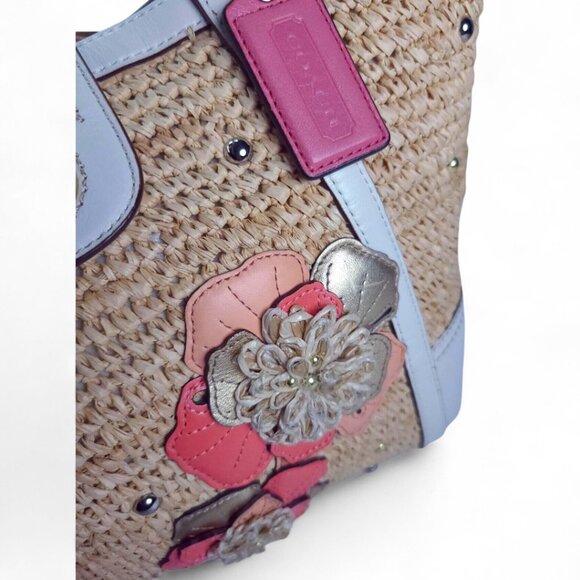 COACH Natalie Floral Straw Basket Bag embellished flower applique peach - Picture 4 of 9